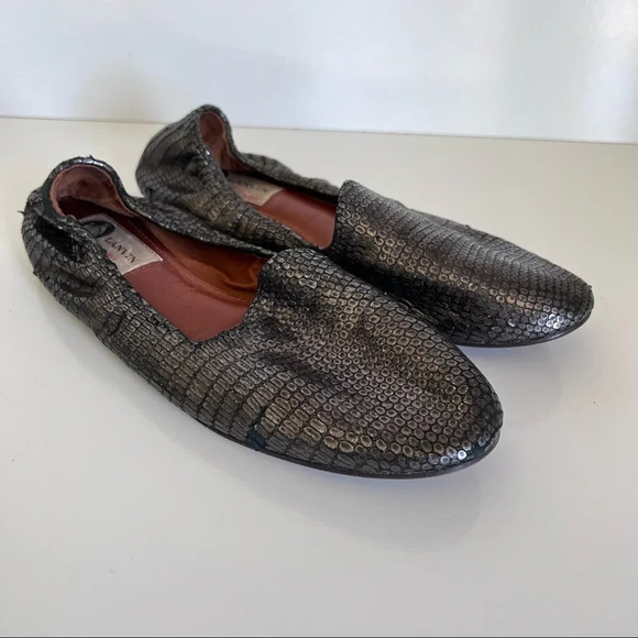 Lanvin Pewter Metallic Textured Loafer Ballet Flat - Picture 2 of 12
